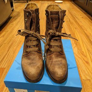 John Fluevog Adriana Nuni Lace-Up Brown Leather Ankle Boot Sz 11 fits like 10